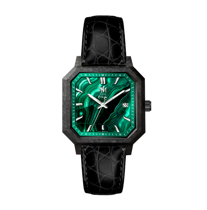 Malachite - Carbone
Cuir crocodile italien
Noir brillant