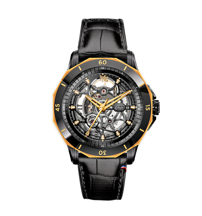 THE ONE - Black & Gold
Cuir alligator rembordé suisse
Noir Brillant