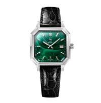 MALACHITE ARGENTÉ CUIR CROCODILE REMBORDÉ SUISSE NOIR - MONTRE AUTOMATIQUE