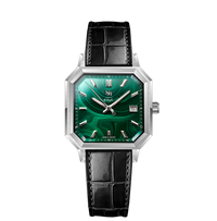 MALACHITE ARGENTÉ CUIR ALLIGATOR REMBORDÉ SUISSE NOIR MAT- MONTRE AUTOMATIQUE
