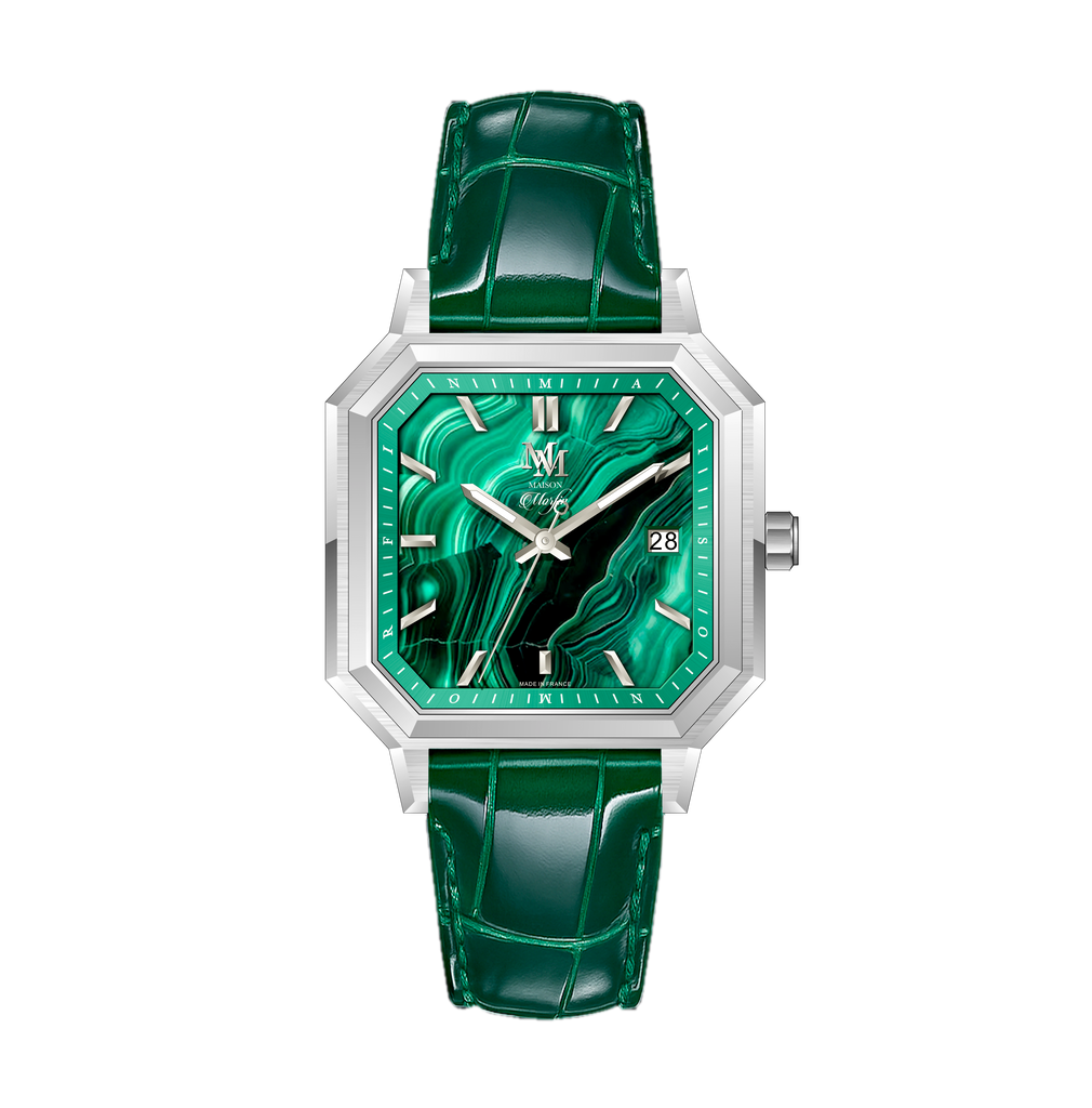 montre mécanique française made in france cadran pierre malachite vert française octa cuir suisse peaulux rembordé