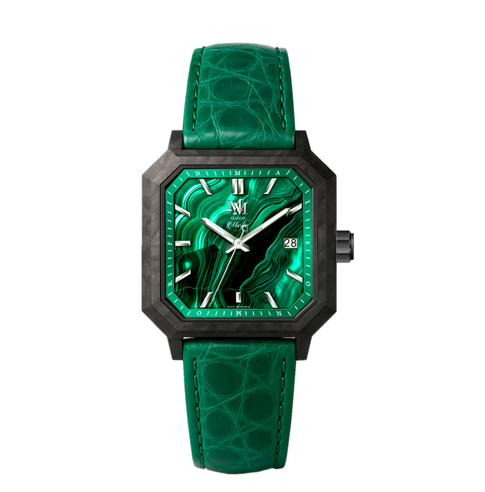 Malachite - Carbone
Cuir crocodile italien
Vert brillant