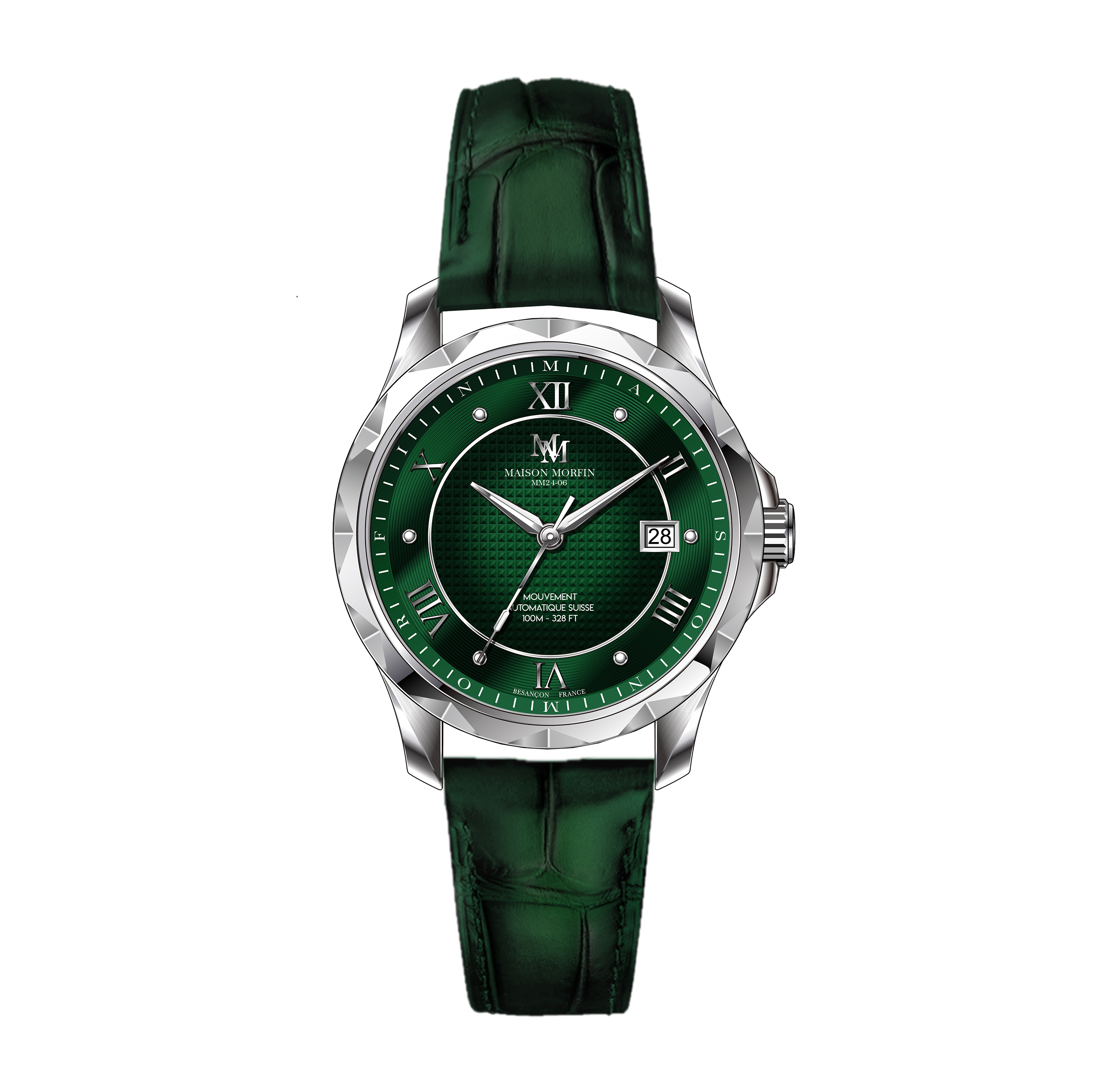 Montre Automatique - MM24-06 Argenté - Cadran Vert Emeraude - Bracelet Cuir Italien